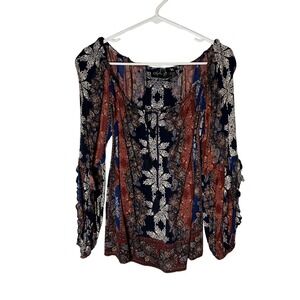 Lola P Womens Boho Paisley Floral Off Shoulder Tassel Tie Rayon Blouse Small